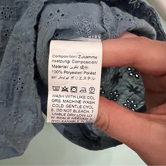 Blue Eyelet Embroidery Button Back Asymmetrical Blouse - Picture 7 of 8